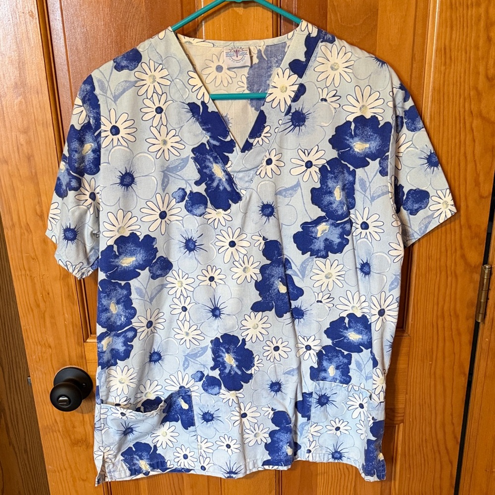 Floral Blue and White Scrub Top